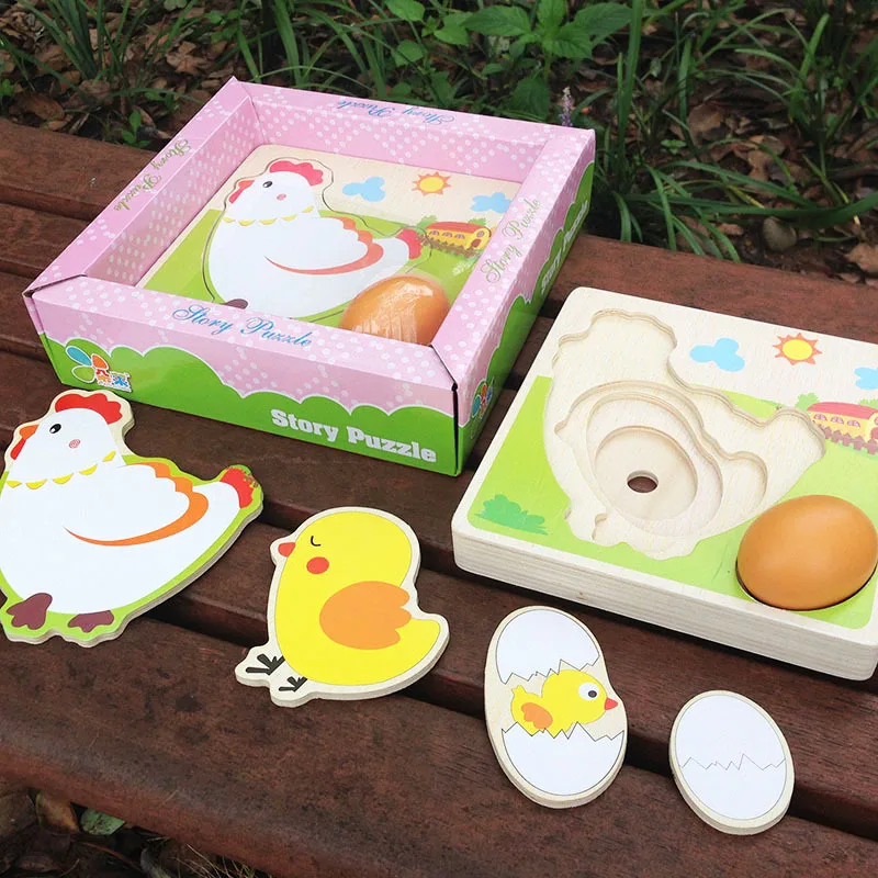 

21.4CM*21.4CM*5.6CM One Piece Hens Lay Eggs Growing Process Jigsaw Wooden Puzzle Preschool Educational Baby Learning Toys