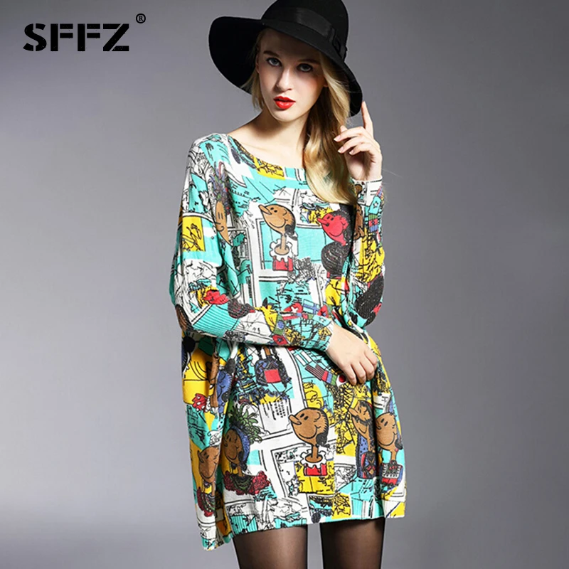 SFFZ 2019 New Autumn Women Long Sweaters Fashion Casual Wool Blend Knitted Sweater Dresses Slash Neck Oversized Pullover 6150 | Женская