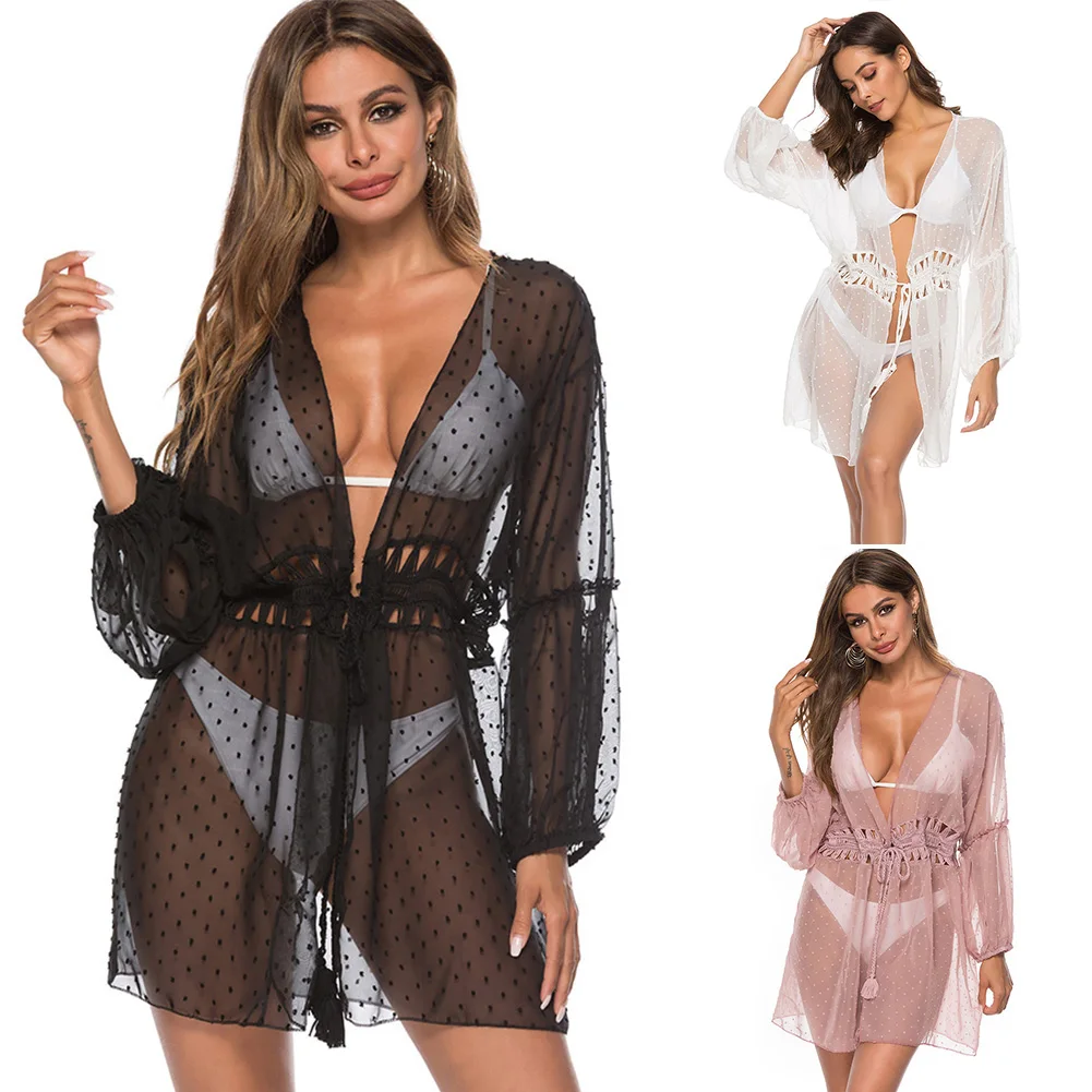 Women Breathable Sunscreen Wave Point Swimwear Holiday Cover Up Summer Soft Thin Blouse Beach Lace Long Sleeve Bikini Wear |