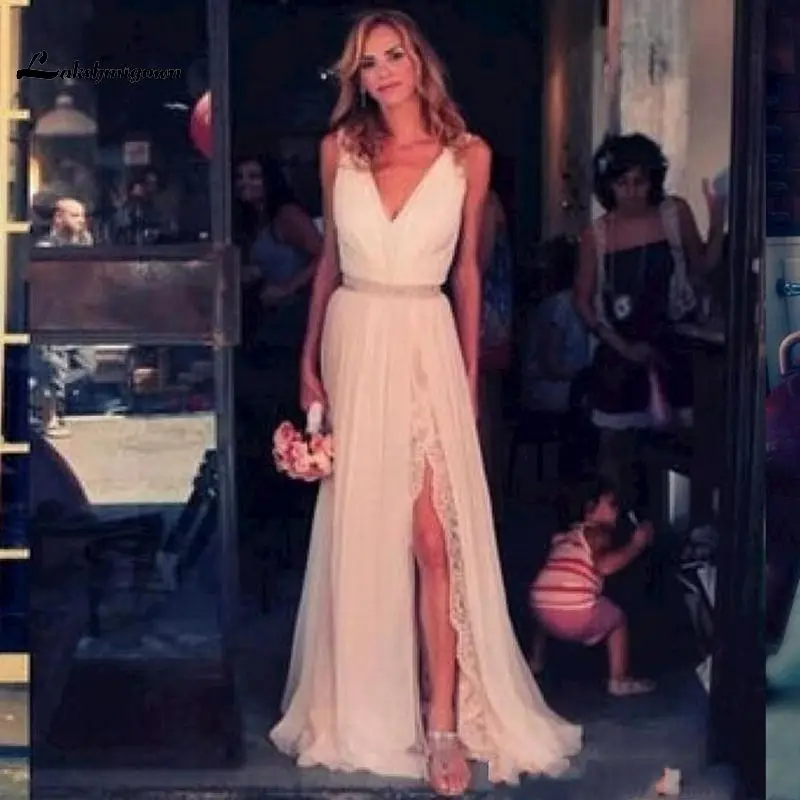 Новое Прибытие Модест Пляж 2017 Свадебные Платья Boho Свадебное Платье V Шеи Бисером