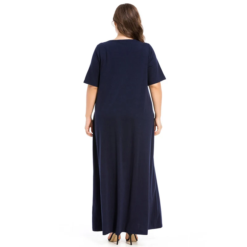 Модное мусульманское платье Абая с коротким рукавом, летнее, Дубай, Абая, s, круглый вырез, пэчворк, кафтан, исламские платья, темно-синие, vestidos M-3XL