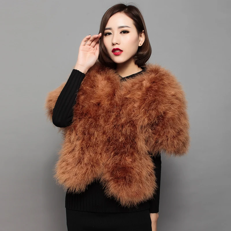 Sweet Fur Coat of Natural Ostrich Feather Fashion Women Autumn Winter Style Bat Sleeved Brown 5 Colors Jacket 55cm Long V15