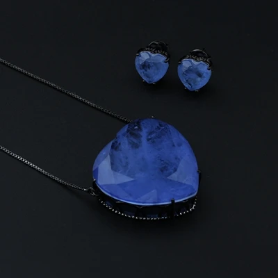 Violet-black plated Newranos ожерелье и серьги с синим сердцем Pedra Fusion Stone 30 мм* 30 мм большой Кулон Ювелирные наборы для женщин SFX0011082 - Окраска металла: Violet-black plated