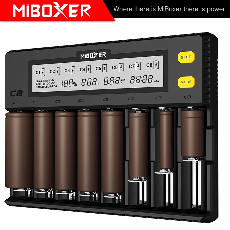 MiBOXER C8 зарядное устройство 8 слотов ЖК дисплей для Li Ion LiFePO4 Ni MH Cd AA AAA 21700 20700 26650 18650