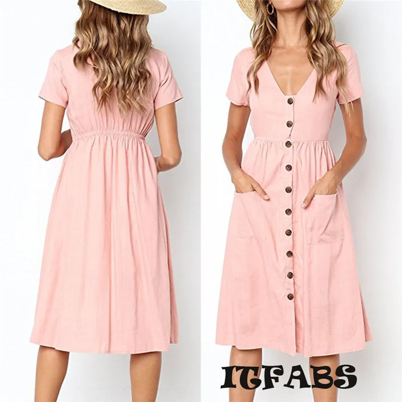 Frauen Urlaub Taste Tasche Kleider Mode Damen Sommer Strand Minikleider Schaukel Kurzarm Reine Farbe Kleid Weibliche Vestidos|Женские платья| |