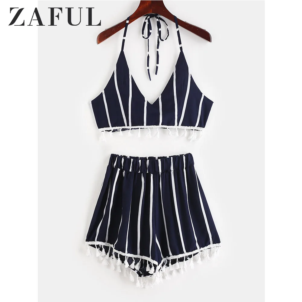 ZAFUL Полосатый Холтер Кроп Top Шорты из двух частей Летний Пляж Женщины Комплект 2019