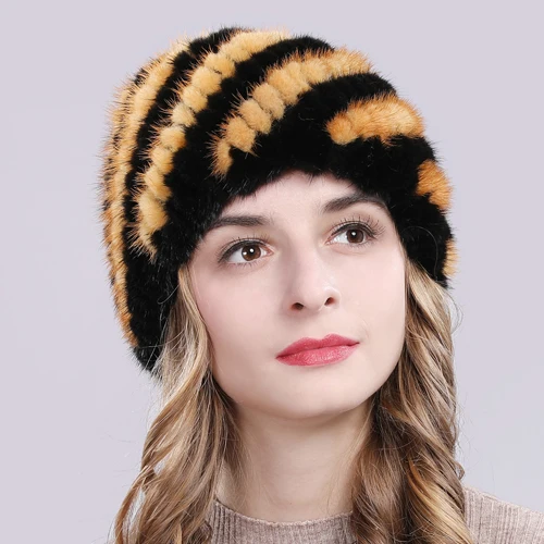 yellow and black Русская зима Rea натуральные шапочки с мехом норки шапка вязаная женская Настоящая норковая шапка s хорошее эластичное качество полосатая Дамская норковая шапка - Цвет: yellow and black