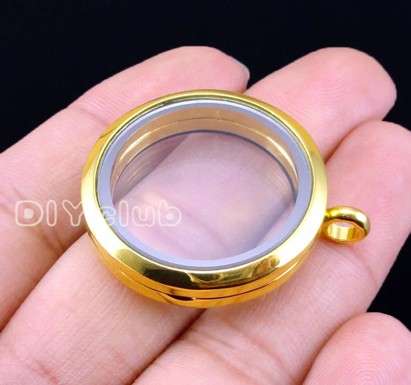 

2pcs-Gold Round Floating Locket, Living Locket, Glass Locket Pendant, Memory Lockets 30mm