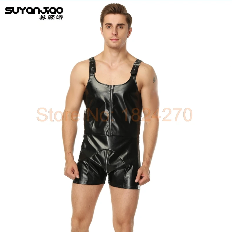 Черный костюм из искусственной кожи латексный для мужчин короткий рукав Wetlook