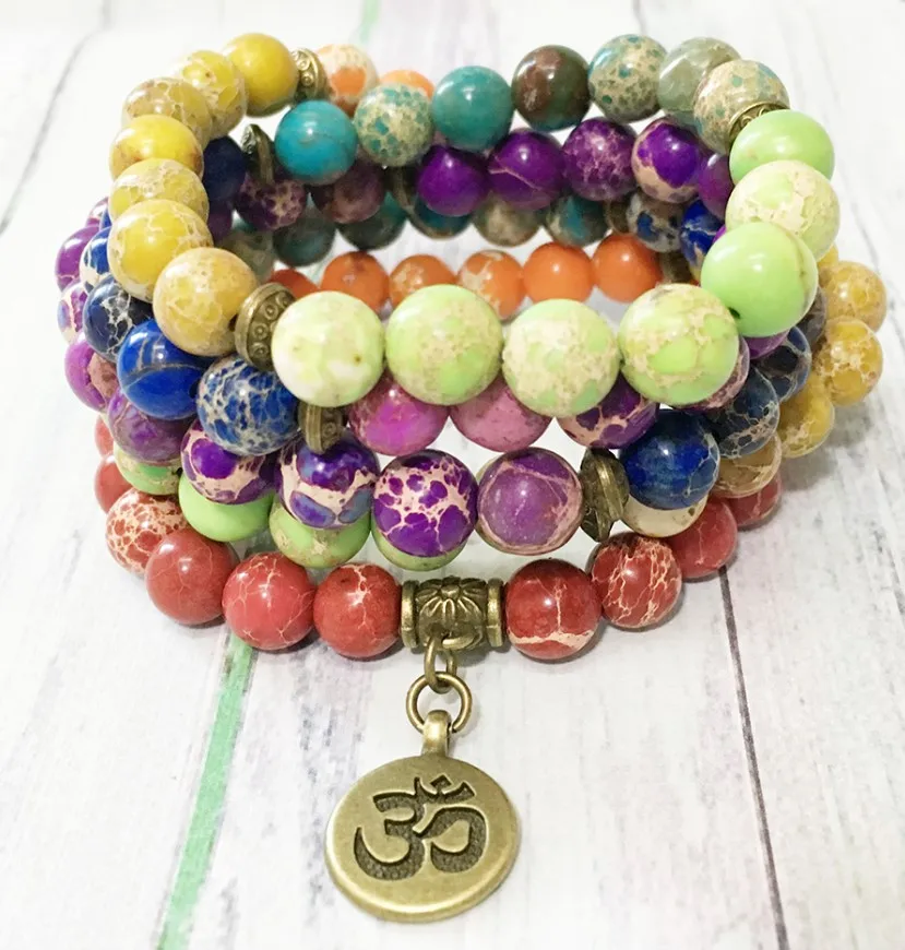 Ohm charm Ruberthen модный дизайн 7 Чакра Regalite бусины браслет латунь Ом Шарм Йога браслет 108 мала энергетический баланс ювелирные изделия - Окраска металла: Ohm charm