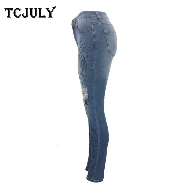 Женские рваные джинсы с цветочным принтом TCJULY обтягивающие Стрейчевые узкие