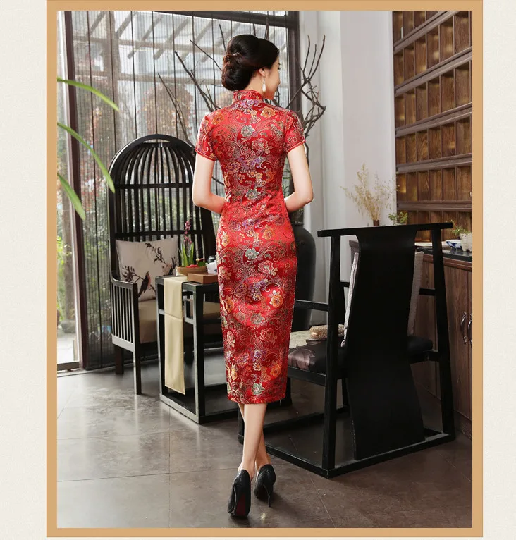 Красный цветок Qipao Китайский шелк Шанхай платье Восточный Стиль длинное платье модное красное платье Китайский косой Qipao Лето Азиатский