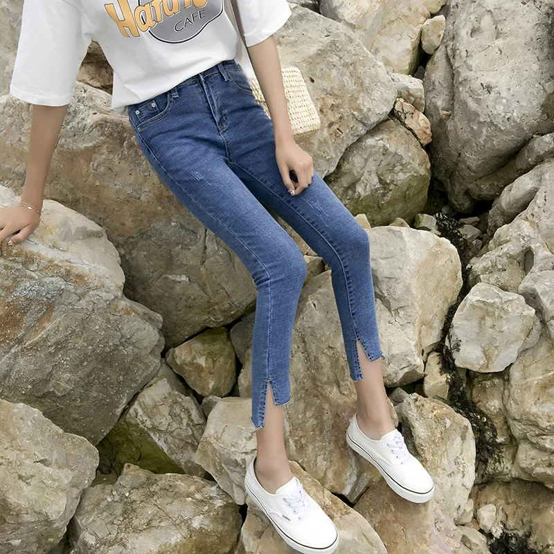 Отверстие Рваные джинсы сексуальные Для женщин Boyfriend Denim Винтаж с эластичной резинкой на талии, с Повседневное брюки женские, тонкие узкие женские укороченные брюки больших размеров Брюки