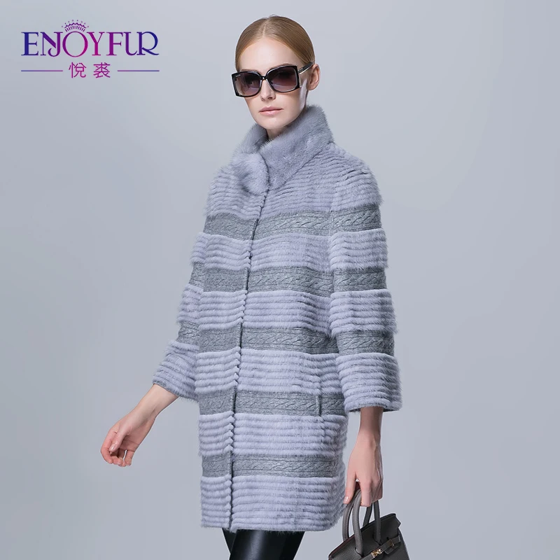 ENJOYFUR новое прибытие зима натуральный мех норки полосы пальто для женщин