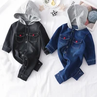 iyeal newborn baby boy hooded romper cotton long sleeve denim blue black jumpsuit with pockets children toddler outfits 3 18m