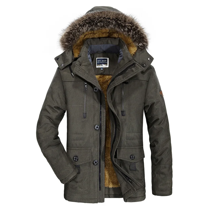 Army Green AFS JEEP бренд размера плюс 6XL 7XL хлопок теплая парка пальто повседневная верхняя одежда с капюшоном из искусственного меха ветровка с несколькими карманами мужская куртка - Цвет: Army Green