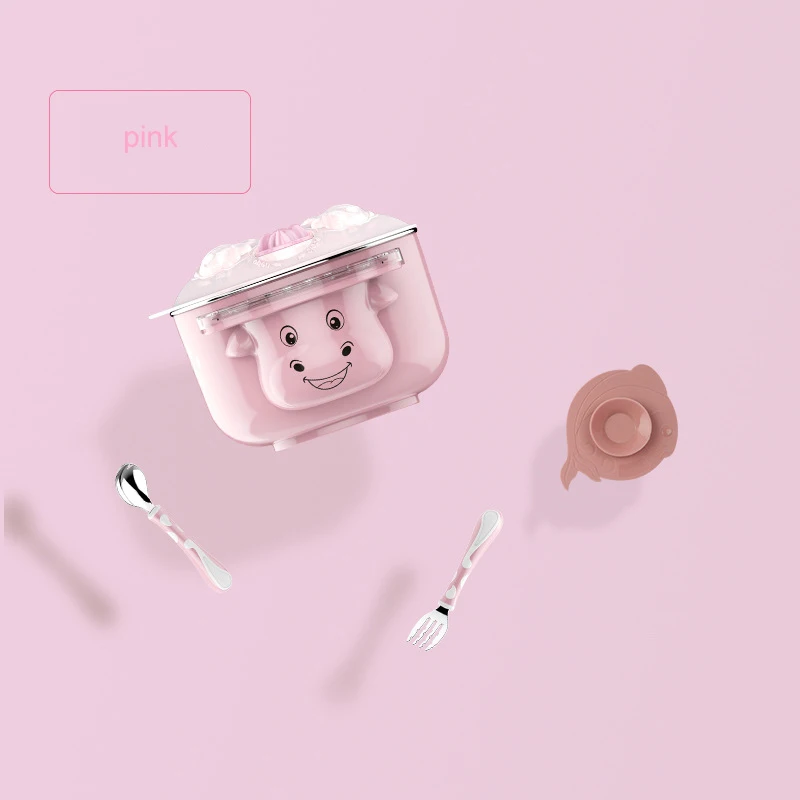 pink 4pcs Набор детской посуды, детская посуда из нержавеющей стали для кормления, Изолированная ложка на присоске, вилка, чашка, сохраняющая тепло, анти-Горячая тренировочная миска - Цвет: pink 4pcs