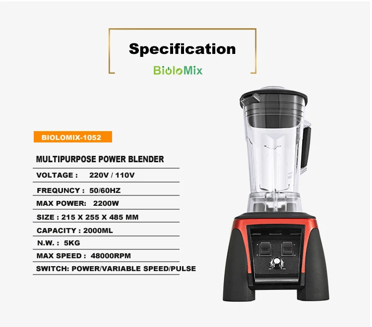 2200W Heavy Duty Commercial Professional ice smoothies bar blender food stand mixer juicer crusher food processor