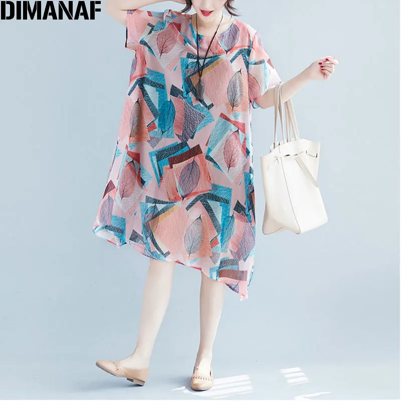 

DIMANAF Women Summer Dress Plus Size Leaves Print Prairie Chic Chiffon Female Lady Beach Vestidos Casual Sundress Loose 2018