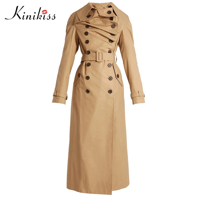 Kinikiss для женщин Тренч Зима длинный рукав Длинные Длина сплошной хаки тонкий