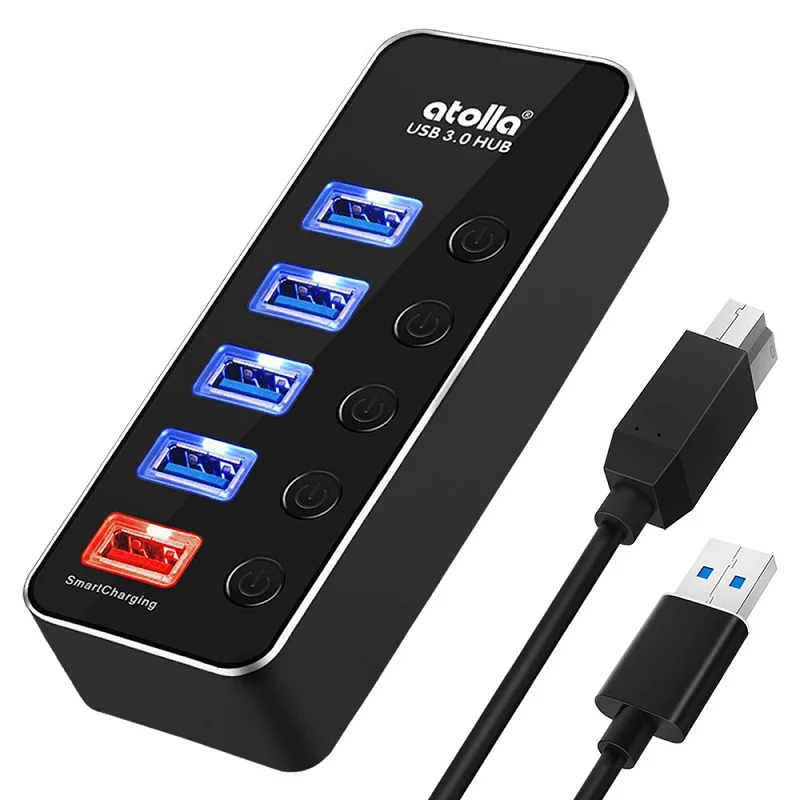 Atolla 4-Порты и разъёмы USB 3,0 концентратор, смарт-устройство для быстрой зарядки usb-хаб с адаптером питания, индивидуальные вкл/выкл и съемная удлинитель USB кора - Цвет: 5 port black