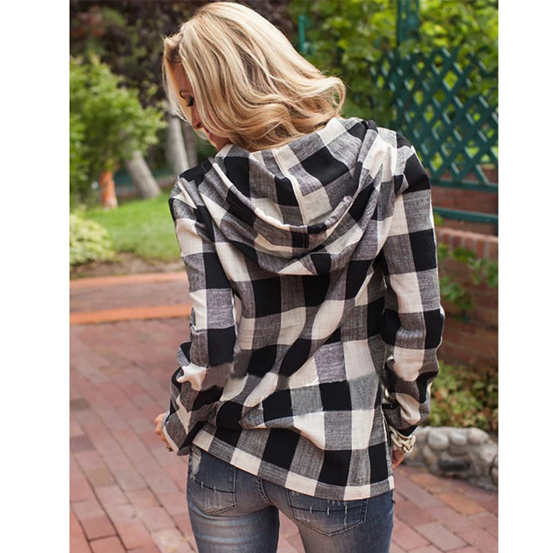 Осенняя женская рубашка большого размера 2018 с капюшоном клетчатая длинными