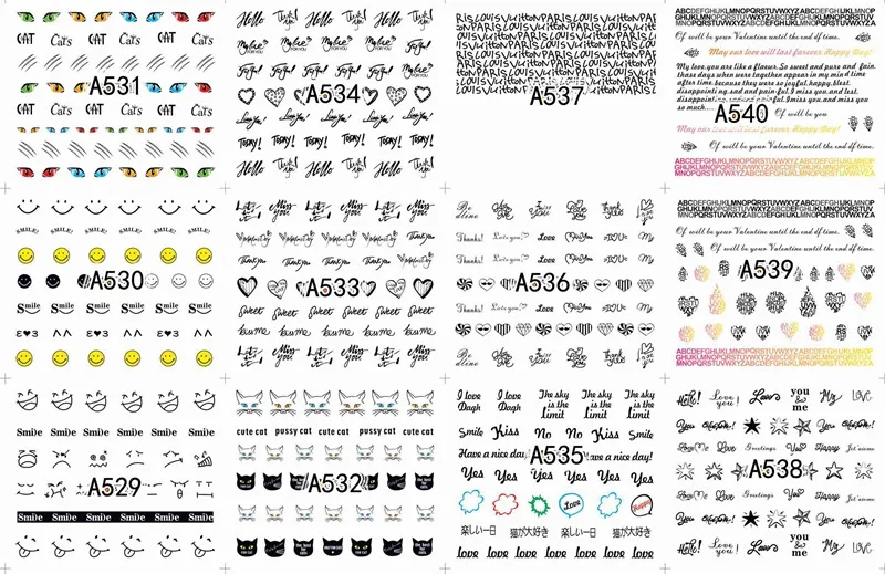 A529-540 12 sheets lot water transfer nail art decorations stickers decals manicure nails supplies tool Cute animal cat dog rabbit - Цвет: A529-540