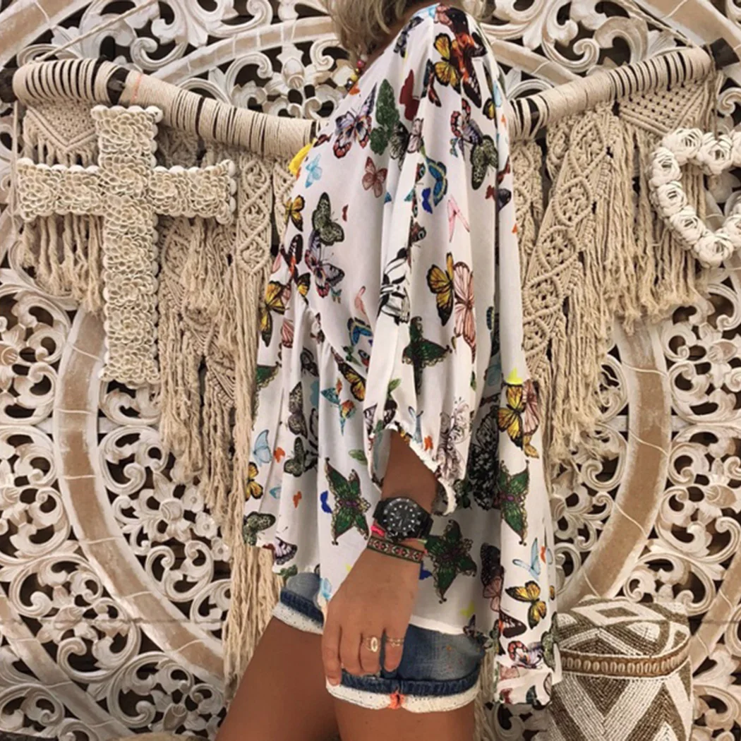 Женские блузки с принтом бабочки v образным вырезом туника топы повседневные 3/4
