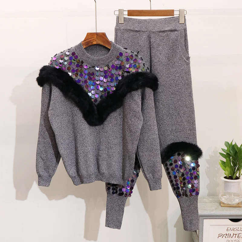 Весна Осень комплект из 2 предметов 2019 женский ручной работы с пайетками вязаный