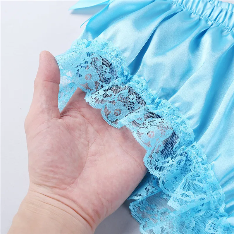 Мужское нижнее белье Sissy, мужское нижнее белье, атласные трусы для мужчин, блестящие гофрированные Цветочные кружевные трусики с бантом, трусики, нижнее белье для Сисси