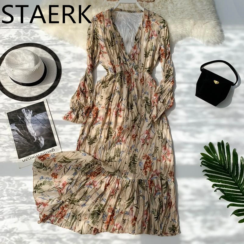 V образный вырез с длинным рукавом полученное длинное платье со средней талией