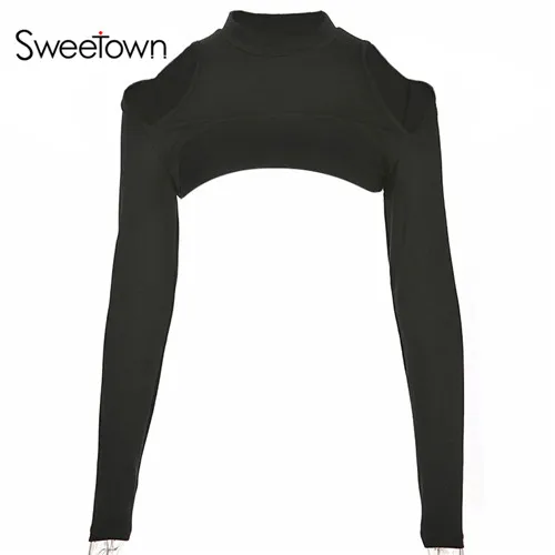 black Sweetown, сексуальный укороченный топ с открытыми плечами, футболка, черная, осенняя, летняя, с длинным рукавом, футболка, Femme, сексуальная, открытая, Корейская футболка - Цвет: black