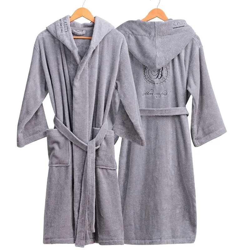 grey Плотный хлопковый Халат с капюшоном, мужские банные халаты, мягкая мужская домашняя одежда, мужская одежда для сна, пижамы для отдыха, банные халаты, зима-осень, белый цвет - Цвет: grey