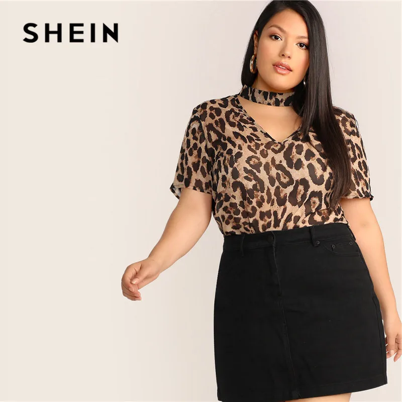 SHEIN, топ с леопардовым принтом размера плюс, блузка, женские летние стильные Блузы с v-образным вырезом и коротким рукавом