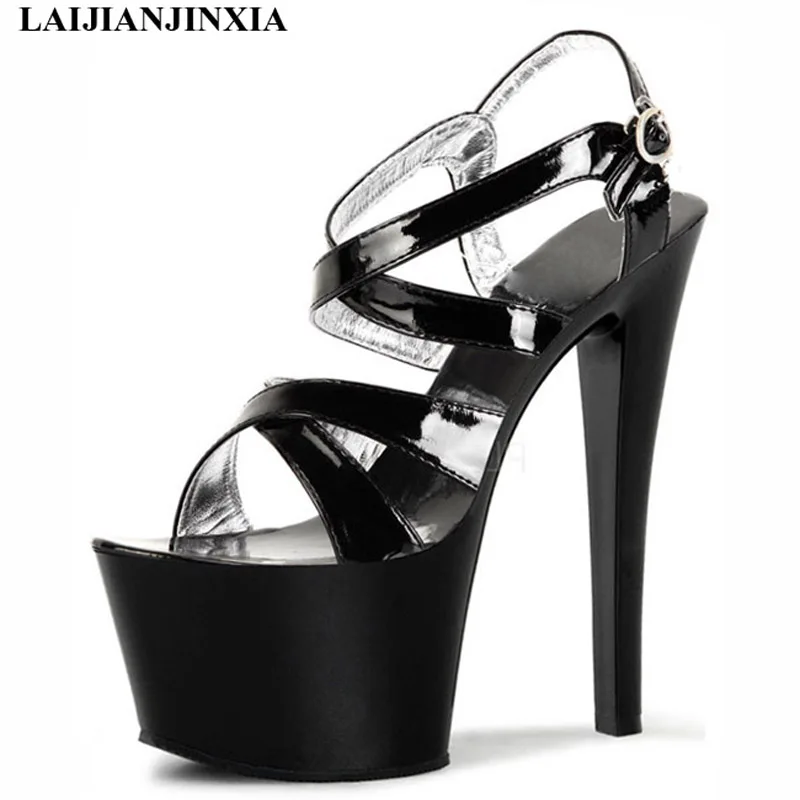 

LAIJIANJINXIA New 17cm Black/silver high-heeled sandals stilettos sexy peep-toe wedding shoes bandage for women's shoes