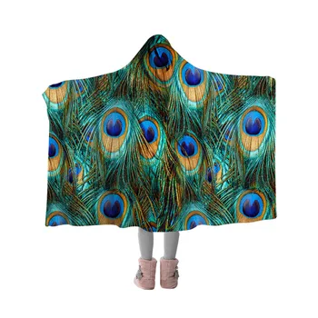 BlessLiving Peacock Feather Hooded Blanket Bird Sherpa Fleece Throw Blanket for Adults Blue Turquoise Wearable Blanket With Hat 6
