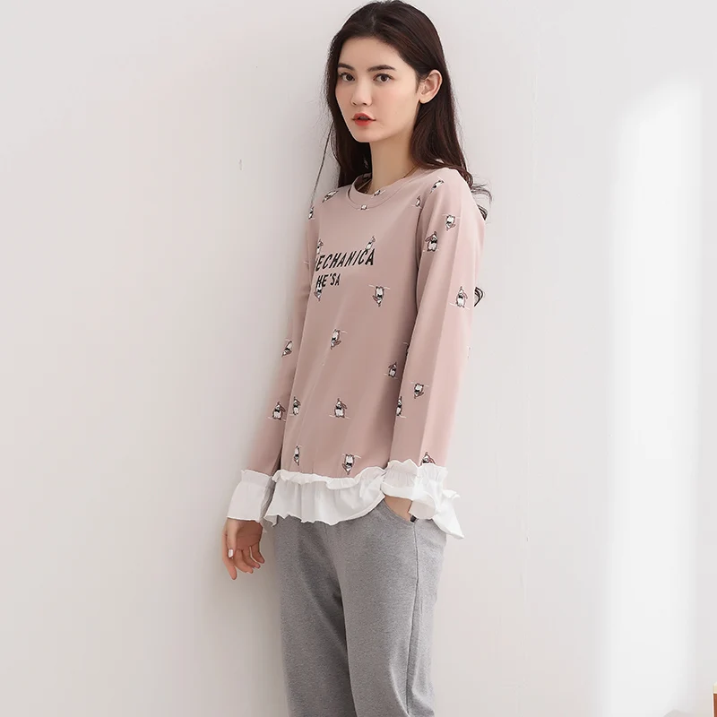 2019 Autumn Winter 100% Cotton Pajama Sets for Women Long Sleeve Lace Pyjama Girl Cute Cartoon Homewear Loungewear Home Clothing | Женская