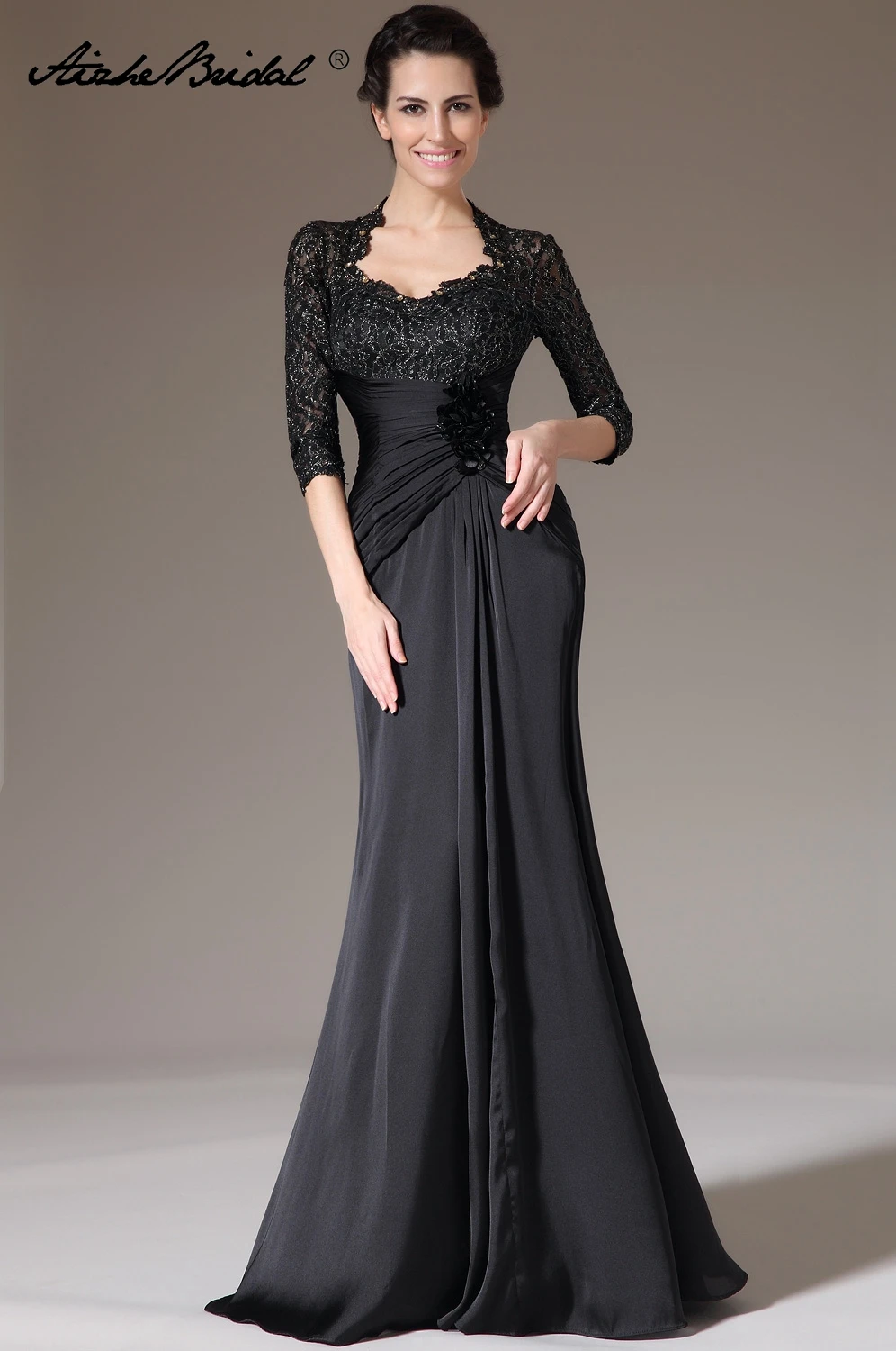 

Long Formal Women's Dresses Scoop Mermaid Black Chiffon Lace Vestidos Madre De La Novia Mother Gown