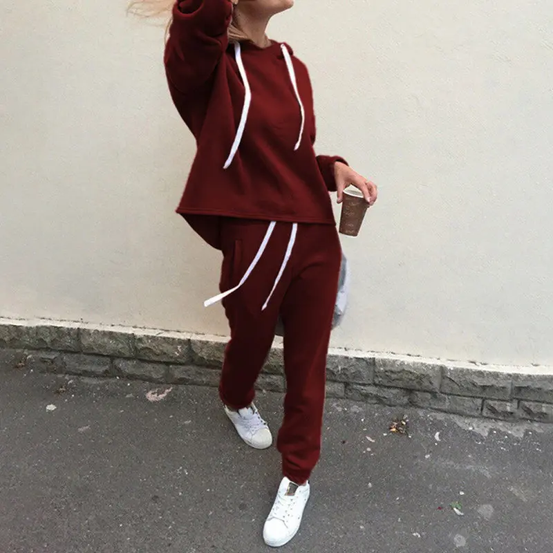 Claret Комплекты из 2 предметов, новые модные топы с капюшоном, толстовки+ однотонные длинные штаны, женские комплекты, женские спортивные костюмы, женская одежда, Bigsweety - Цвет: Claret