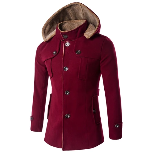 Wine Red Новое поступление модные для мужчин длинные зимнее пальто тонкий стенд воротник шерсть размеры M-5XL - Цвет: Wine Red