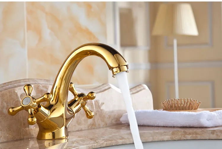 Кран с двойной ручкой для ванной комнаты золотой кран твердой латунной