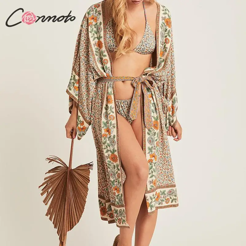 Conmoto Женская винтажная накидка с цветочным принтом пляжная туника длинными