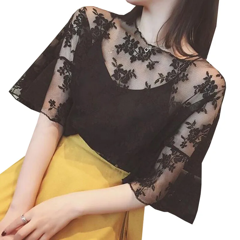 

Women Lace Blouse 2017 New Summer Flare Sleeve Casual Tops Elegant Slim Shirts Sexy Spaghetti Strap Top Two Piece Set AB265