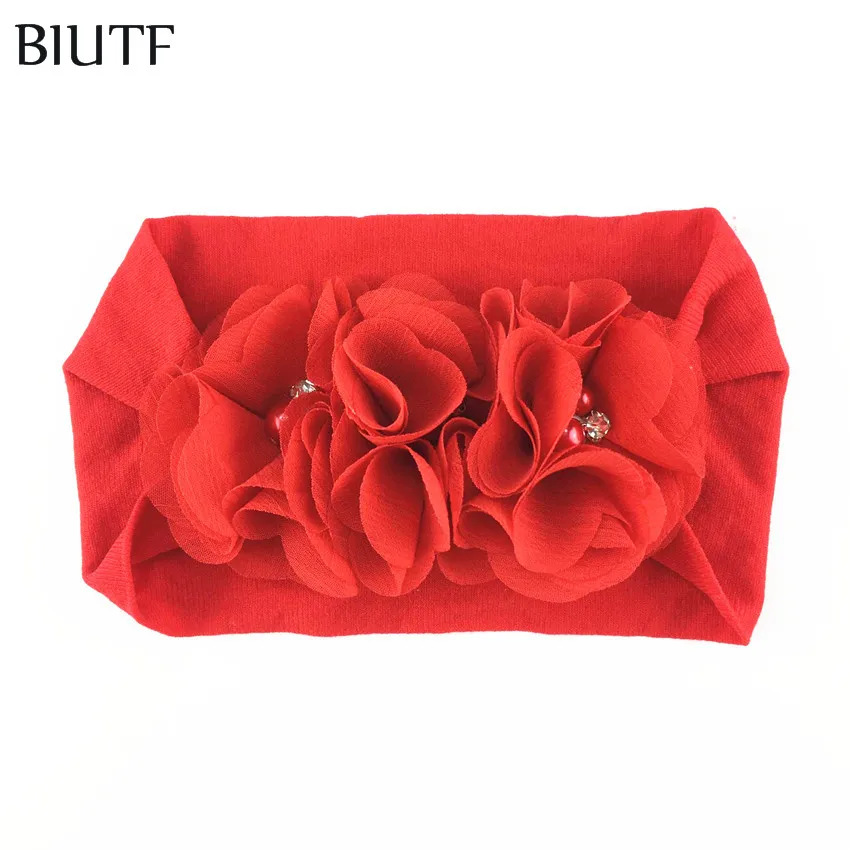 7-red 20 шт./лот DIY Бутик Аксессуары для волос тройной Стразы Цветок Жемчужный шифоновый с широкой нейлоновая эластичная заставка HB081 - Цвет: 7-red