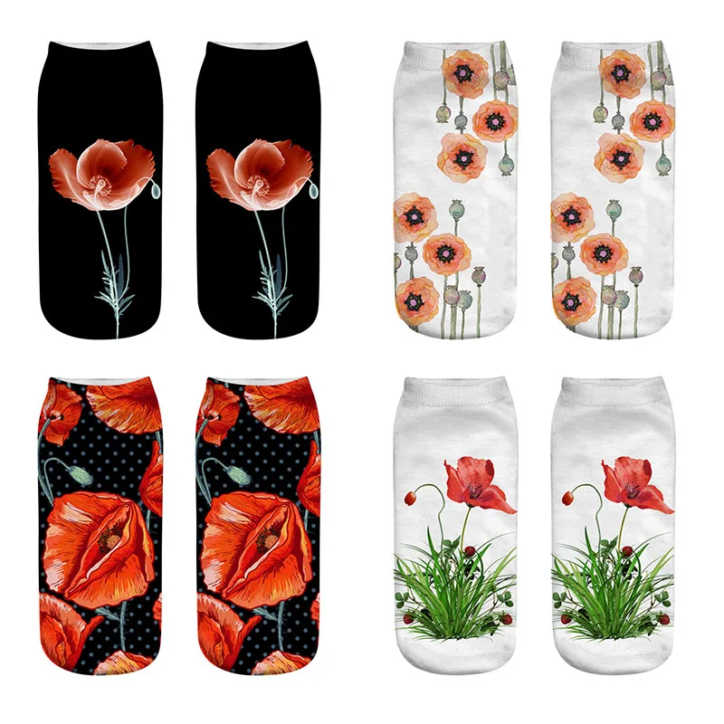 4 пар/компл. новые хлопковые носки с принтом красных Маков и цветов повседневные 3D