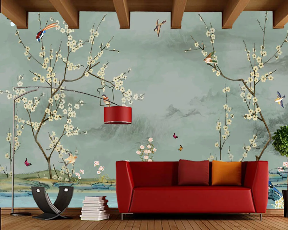 Ретро-обои в китайском стиле с изображением Ласточки и сливы для гостиной