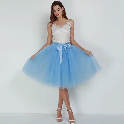 lake blue 7 слоистых 65 см длиной до колена Тюлевая юбка-пачка Женская эластичная плиссированная юбка с высокой талией бальная юбка для подружки невесты на свадьбу - Цвет: lake blue