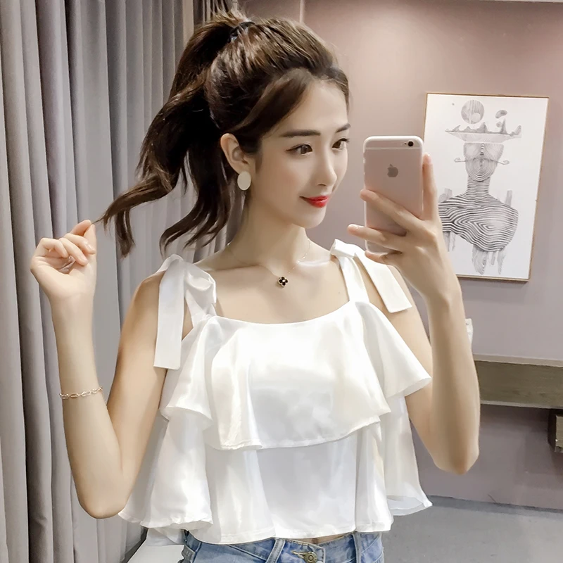 Amolapha Женские повседневные атласные гофрированные плотные танк-топы Camisole Молодежные женские летние туфли с ремешками Топы
