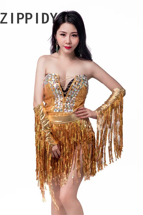 New Sexy Gold Bright Sequins Tassel Bandage Strapless Bodysuit Nightclub Female Singer Bar Ds Stage Performance Unique Costume