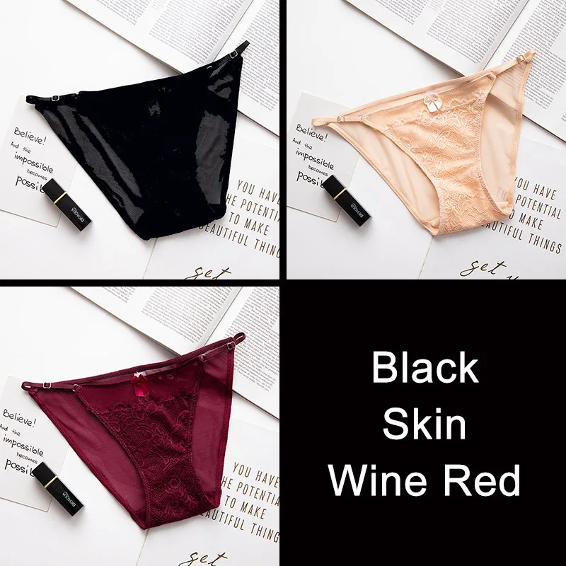 Black Skin WineRed 3 шт./лот, DULASI, сексуальные трусики, женские сетчатые стринги, Т-образные стринги, нижнее белье, бесшовные, кружевные, тренспаренные трусики, низкая посадка, хлопок, бикини - Цвет: Black Skin WineRed